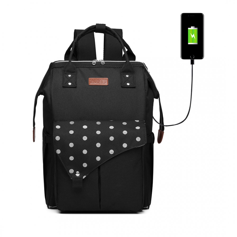 E-shop KONO Prebalovací batoh na kočík Polka s USB portom - čierny bodkovaný