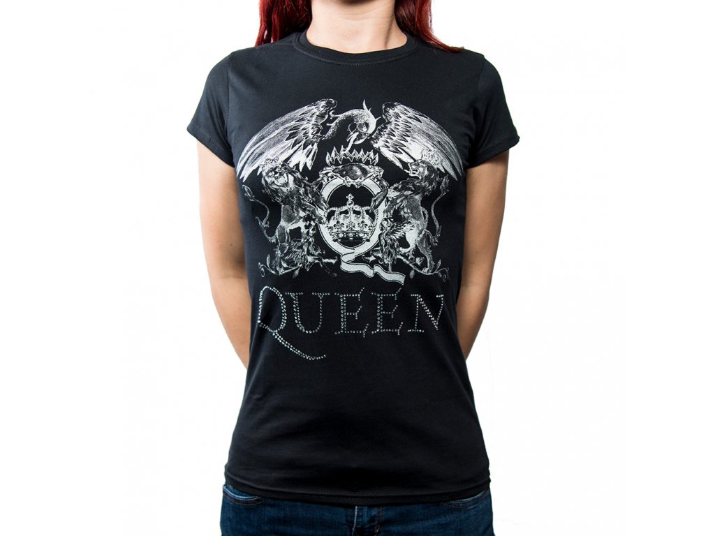 E-shop Originálne dámske tričko Queen s kamienkami - čierne