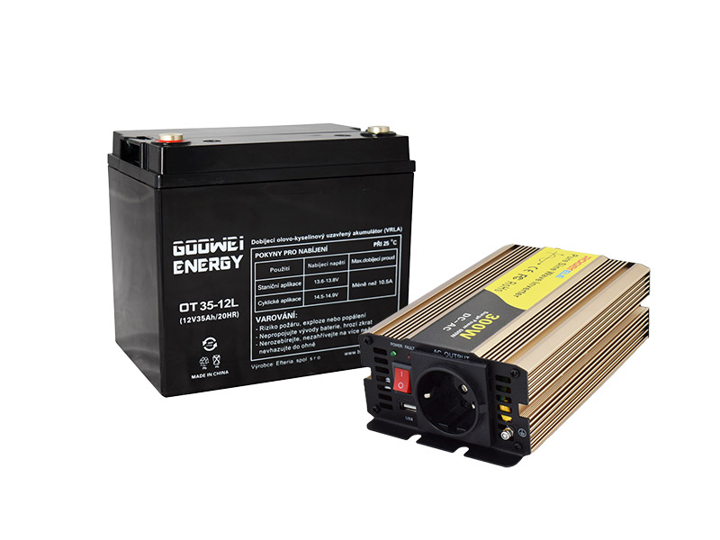 Sada trakčná batéria GOOWEI ENERGY OTL35-12 (35Ah) + menič ROGERELE REP300-12 (300W), 12V