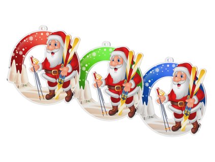 Akrylátová vánoční ozdoba kulatá - Santa Claus - lyžař