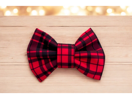 Motýlek pro psa s károvým vzorem v červeno-černé barvě.