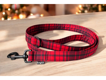 Vodítko pro psa s károvým vzorem v červeno-černé barvě