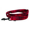 Vodítko pro psa s károvým vzorem v červeno-černé barvě.
