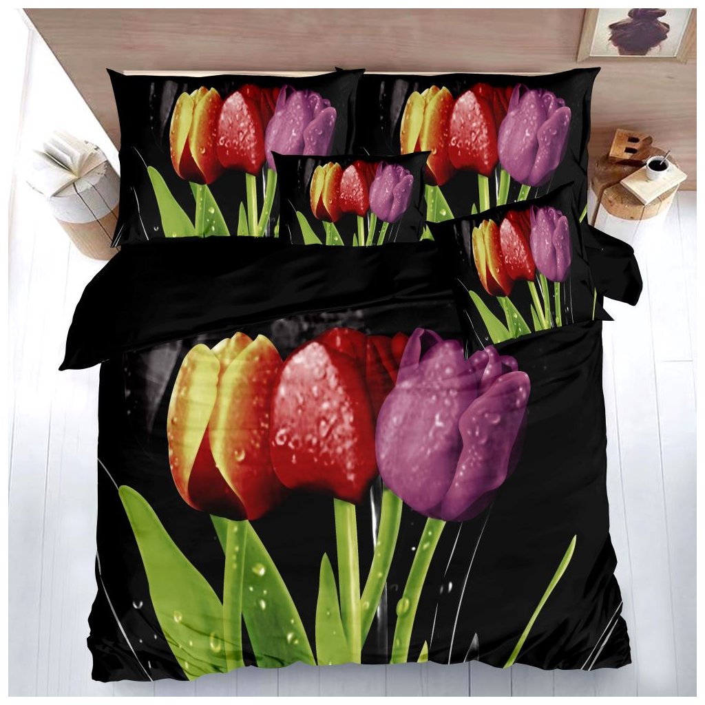 Sedmidílné povlečení 3 D tulipány černá 140x200 na dvě postele