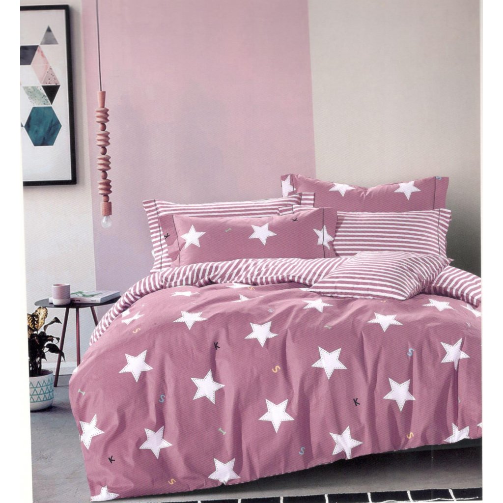 Dvoudílné povlečení bavlna hvězdy růžová 140 x 200 na jednu postel