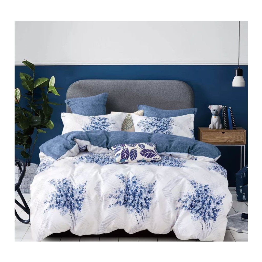 7-dílné povlečení kytice bílá modrá 140x200 na dvě postele