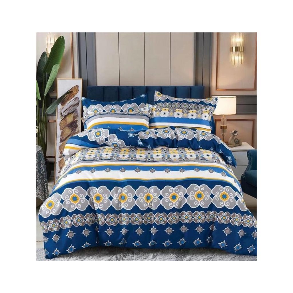 2-dílné povlečení 140x200 modré s ornamentem a pruhem na jednu postel