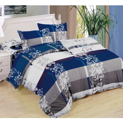 Sedmidílná souprava povlečení ornamenty bavlna/mikrovlákno modrá šedá bílá 140x200 na dvě postele