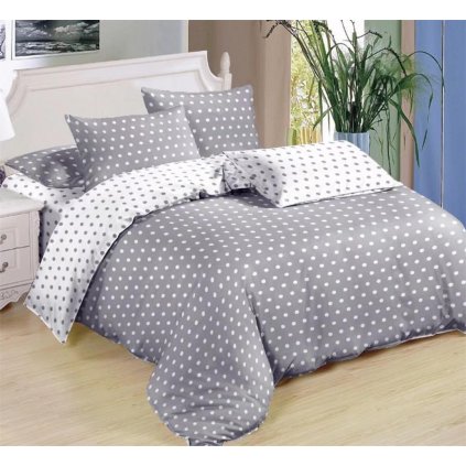 Sedmidílné povlečení puntíky šedá bílá 140 x 200 na dvě postele