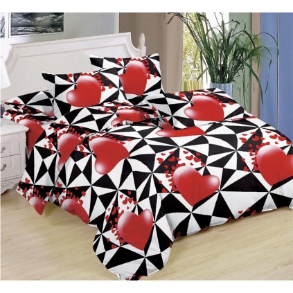 Sedmidílné povlečení srdce trojúhelníky bavlna mikrovlákno černá červená 140x200 na dvě postele