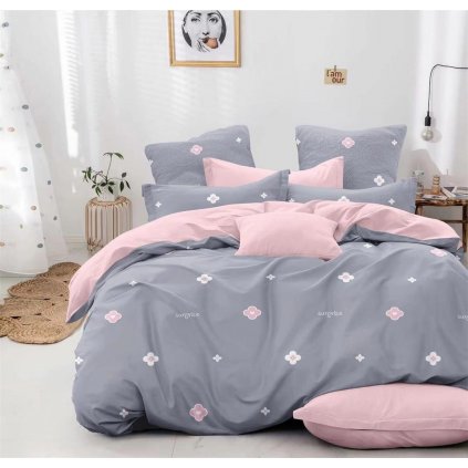 Sedmidílné povlečení surprise bavlna mikrovlákno šedá růžová 140 x 200 na dvě postele