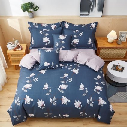 3-dílné flanelové povlečení květy magnolie růžová tmavomodrý podklad 140x200 na jednu postel