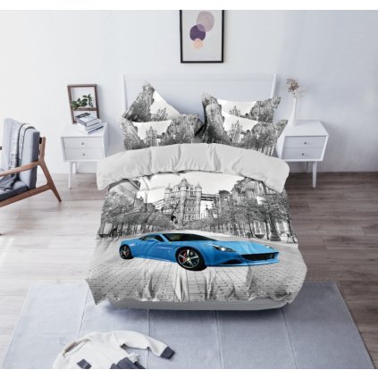 3-dílné povlečení auto 3 D modrá 140x200 na jednu postel