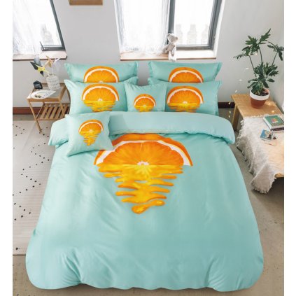7-dílné povlečení pomerančové slunce 3 D tyrkysové 140x200 na dvě postele