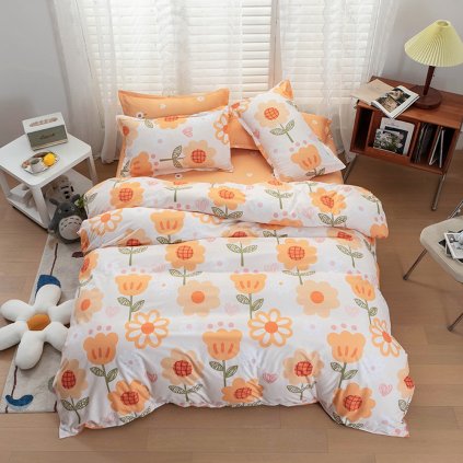 2-dílné dětské povlečení oranžové s kytkami 100x140 cm pro jednu postel