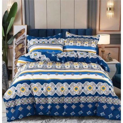 2-dílné povlečení 140x200 modré s ornamentem a pruhem na jednu postel