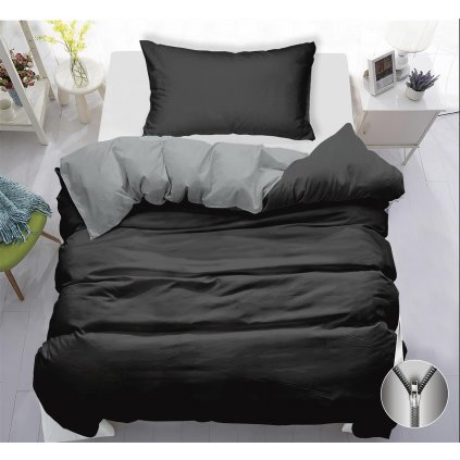 Oboustranné Povlečení na jednu postel 140x200/70x90 cm Tmavě šedé -černé