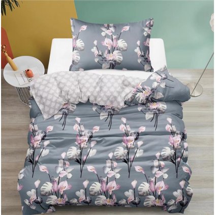 Oboustranné bavlněné povlečení na jednu postel  140x200/70x90 cm - květena šedá