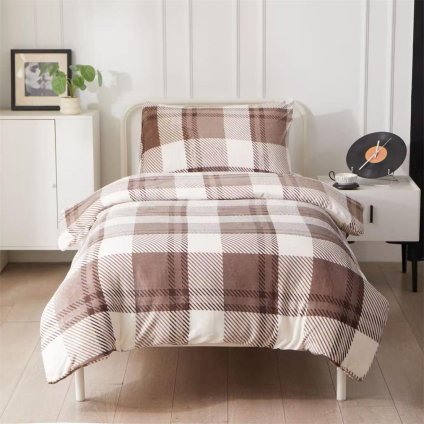 Mikroplyšové povlečení  hnědé  kárované 70 x 90 cm, 140 x 220 cm