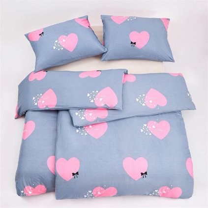 Romantické ložní povlečení se srdíčky na šedém podkladu 140 × 200 cm / 70 × 90 cm