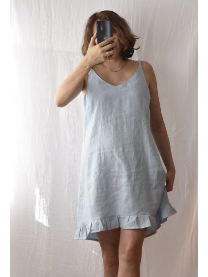 Lněné šaty na ramínka s volánkem