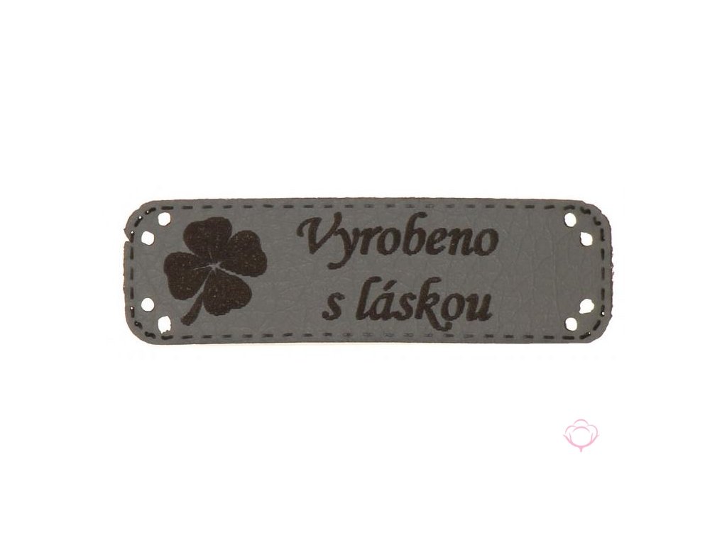 Handmade štítek ČTYŘLÍSTEK Vyrobeno s láskou 15 x 48 mm - tmavě šedá