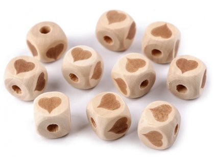 Dřevěný korálek nelakovaný kostka srdce 14x14 mm