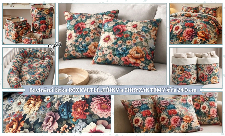ROZKVETLÉ JIŘINY a CHRYZANTÉMY šíře 240 cm