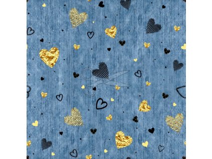 Bavlněná teplákovina SRDÍČKA zlatočerná na MODRÉM šíře 160 cm