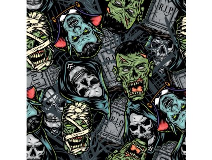 Bavlněná teplákovina UPÍR, SMRTKA a ZOMBIE šíře 160 cm