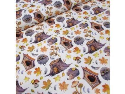 Bavlněná teplákovina SOVA a JEŽEK šíře 160 cm