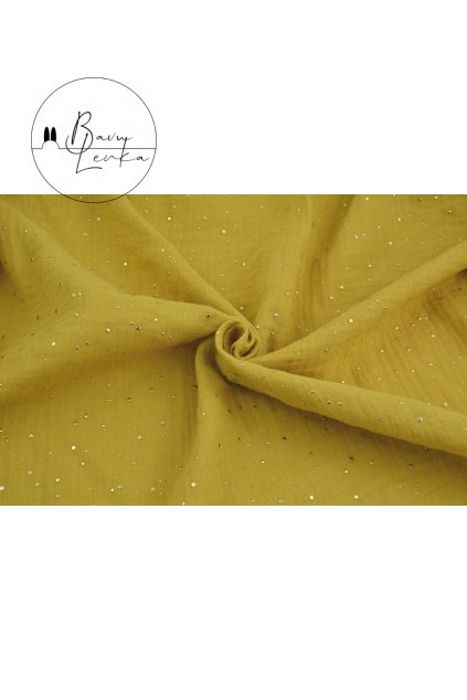 muslin bawelniany musztardowy w zlote mini kropki