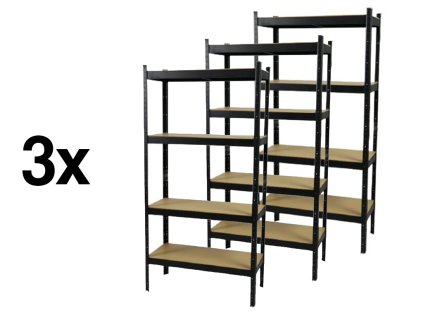 AKCE - Balíček : 3x Regál 1800×900×400 mm lakovaný 4-policový, nosnost 700 kg - ČERNÝ
