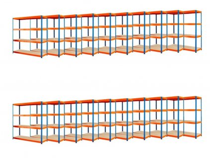 AKCE - Balíček 20x Regál 1800x1200x600 mm PROFESIONÁLNÍ, lakovaný 4-policový, nosnost 1600 kg - MODRO-ORANŽOVÝ