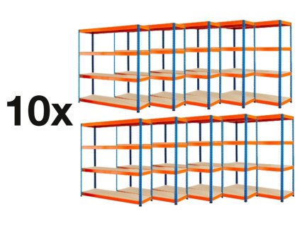 AKCE - Balíček : 10x Regál 1800x1400x800 mm PROFESIONÁLNÍ lakovaný 4-policový, nosnost 1600 kg - MODRO-ORANŽOVÝ 10x