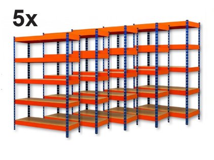 AKCE - Balíček 5x Regál 2500x1800x800 mm PROFESIONÁLNÍ, lakovaný 5-policový, nosnost 1600 kg - MODRO-ORANŽOVÝ 5x