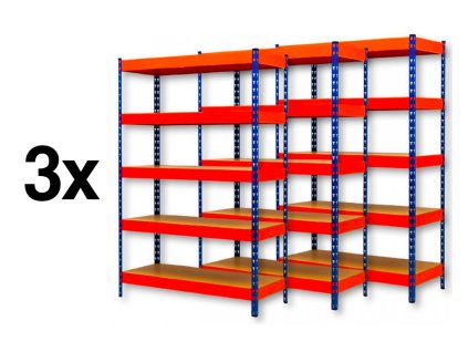 AKCE - Balíček 3x Regál 2500x1800x700 mm PROFESIONÁLNÍ, lakovaný 5-policový, nosnost 1600 kg - MODRO-ORANŽOVÝ 3x