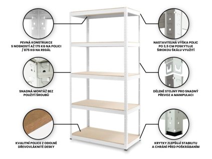 Regaly vlastnosti 40x80x160 5 polic bila CZ