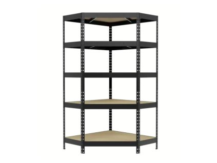 Rohový regál 180x90x40 cm kovový lakovaný 5-policový, nosnost 875 kg - ČERNÝ