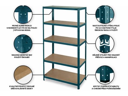 Regál 180x90x40 cm lakovaný 5-policový, nosnost 875 kg - ZELENÝ 2