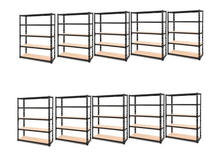 AKCE - Balíček: 10x Regál 2250x1600x600 mm kovový lakovaný 5-policový, nosnost 1250 kg - ČERNÝ