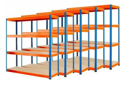 !!! Akčný balíček : 5x Regál 1680x1600x400 mm PROFESIONÁLNY lakovaný 4-policový, nosnosť 1600kg - MODRO-ORANŽOVÝ