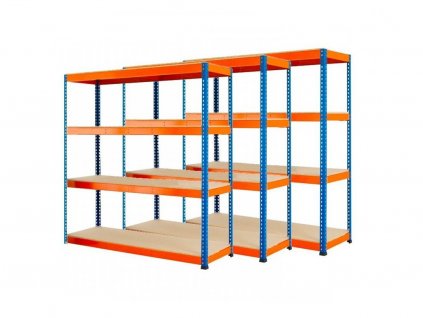 !!! Akčný balíček: 3x Regál 1800x1200x450 mm PROFESIONÁLNY lakovaný 4-policový, nosnosť 1600 kg - MODRO-ORANŽOVÝ