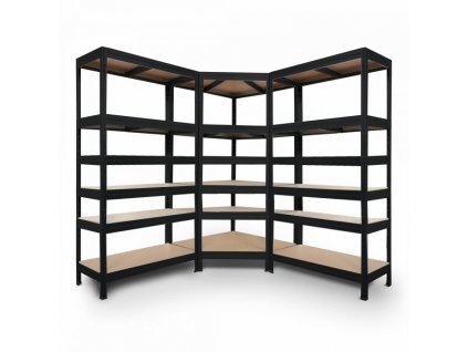 Rohový regálový systém 2200x700x400x425 mm, 2x 2200x900x400 mm, lakovaný 6-policový, nosnosť 3000 kg - ČIERNY