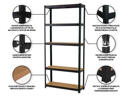!!! Akčný balíček: 3x regál 1800x900x500 mm lakovaný 5-policový, nosnosť 875 kg - ČIERNY