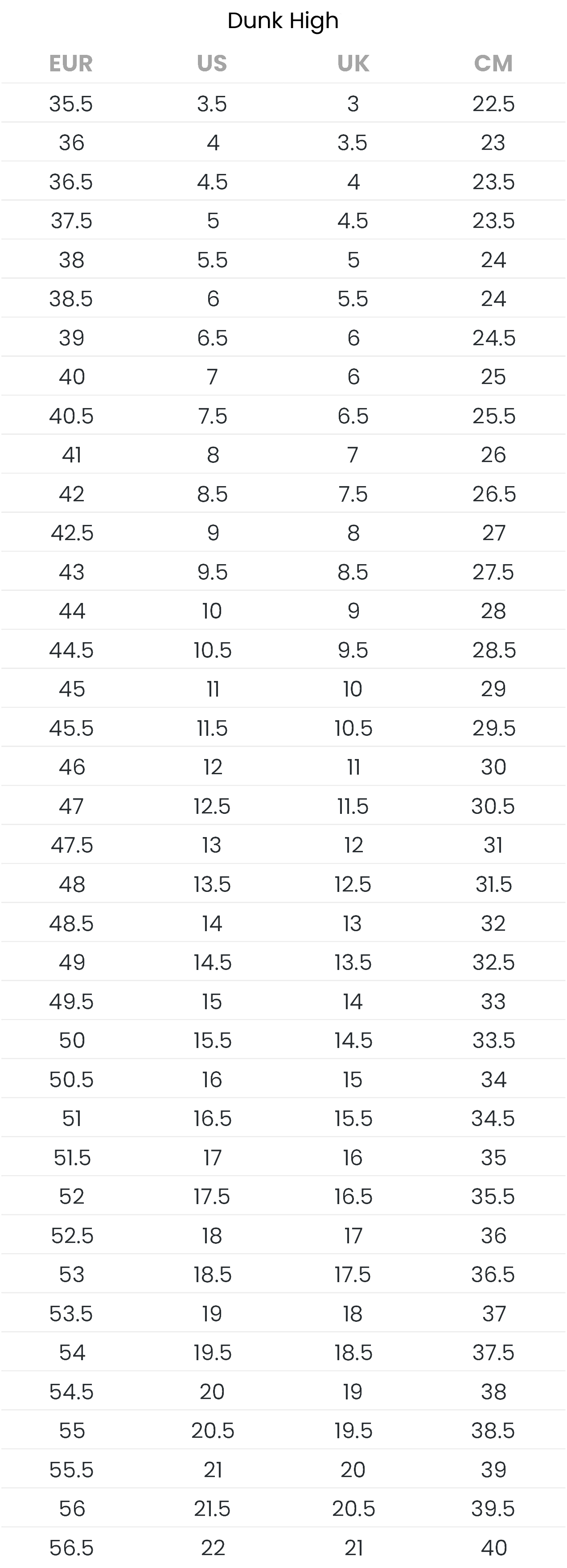 Nike sb dunk size chart clearance