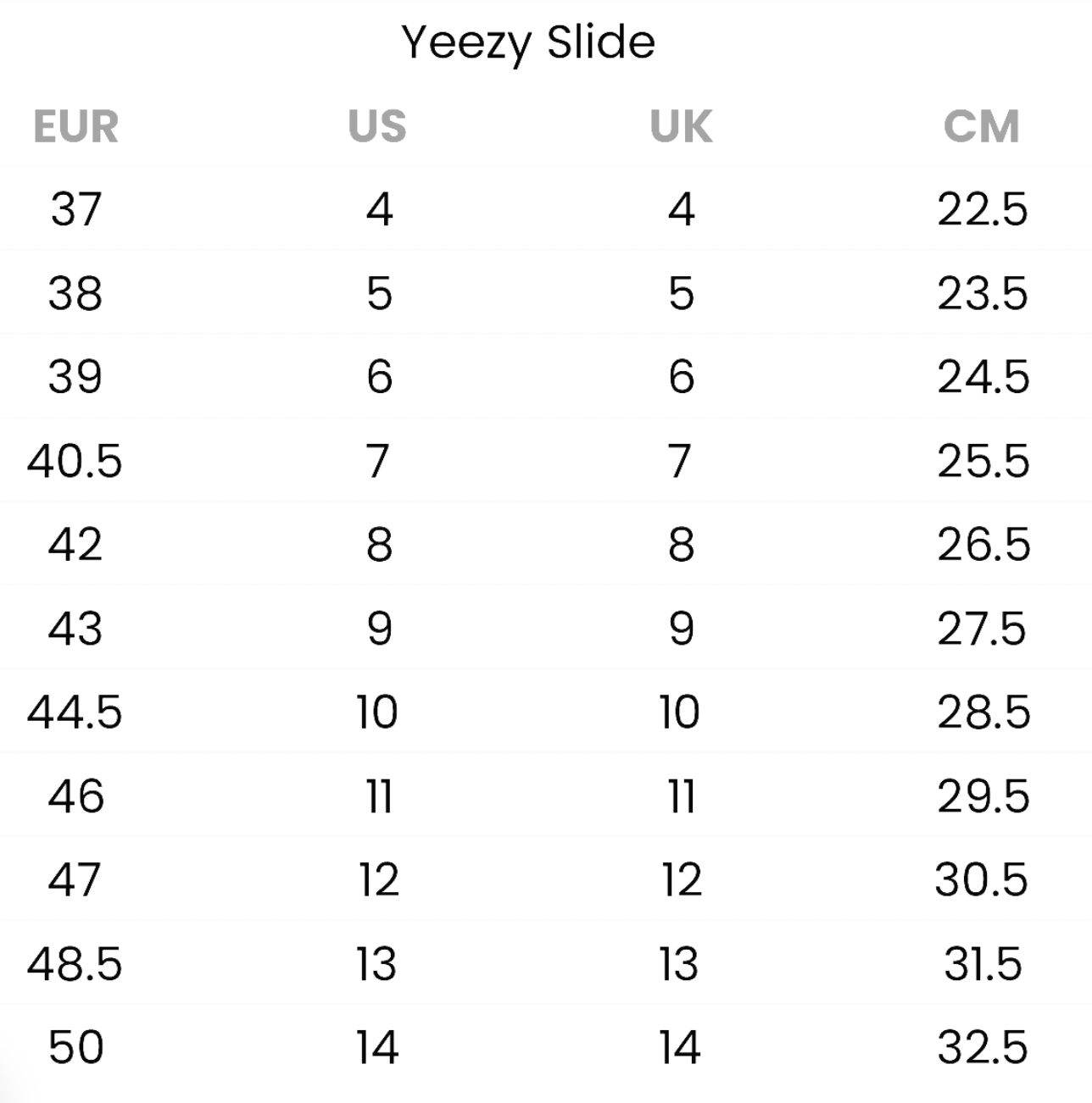 Size Chart - Yeezy Slide - BBNSUPPLY