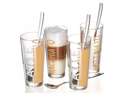 Sklenice na Latte Gl. Java, 4 ks sklenic a lžiček