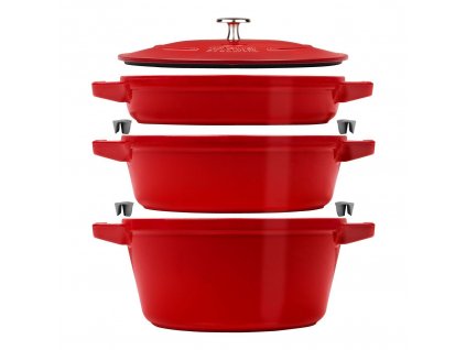 Staub Cocotte 3 dílná sada litinového hrnce, pánve a pekáče 24 cm, višňová, 40508-387