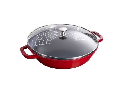 Wok Staub so sklenenou pokrievkou 30 cm, čerešňa